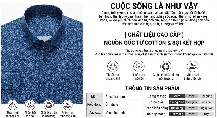 Áo Sơ Mi Nam Tay Dài Họa Tiết Hình Học Màu Xanh Navy, Trắng, Đỏ, Xanh Nhạt... chi tiết 4