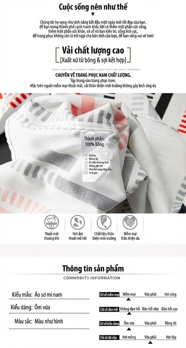 Áo Sơ Mi Dài Tay Nam Cotton In Họa Tiết Màu Trắng, Đen, Đỏ, Xám chi tiết 4