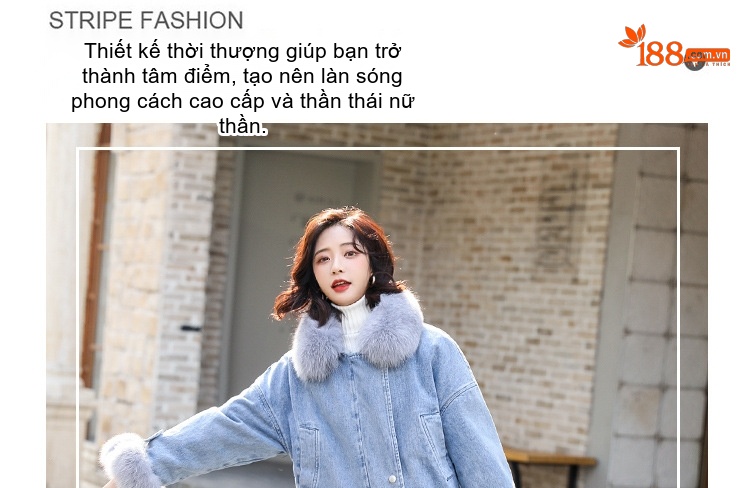 Áo Khoác Jean Nữ Lót Lông Dày Dặn Cổ Lông Thật Tay Cộc Màu Xanh Jean chi tiết 2