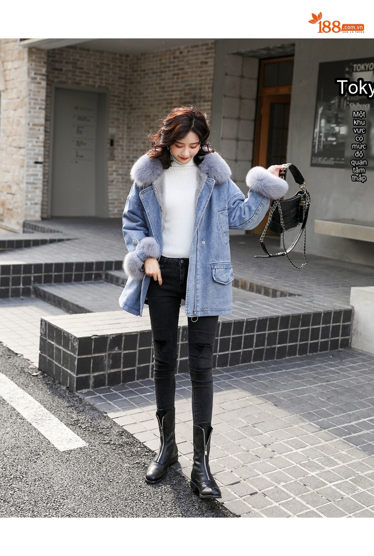 Áo Khoác Jean Nữ Lót Lông Dày Dặn Cổ Lông Thật Tay Cộc Màu Xanh Jean chi tiết 13