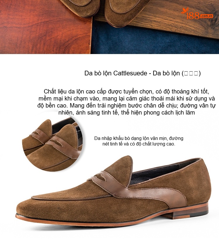 Giày Lười Penny Loafer Nam Da Mờ Chiều Cao Đế Khoảng 2cm Màu Nâu chi tiết 2