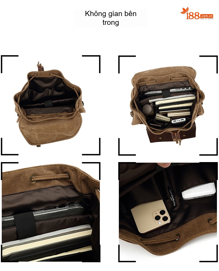 Balo Vải Canvas Chống Mòn Phong Cách Retro Du Lịch Đựng Laptop Màu Nâu, Xanh Lá, Xám, Đen... chi tiết 14