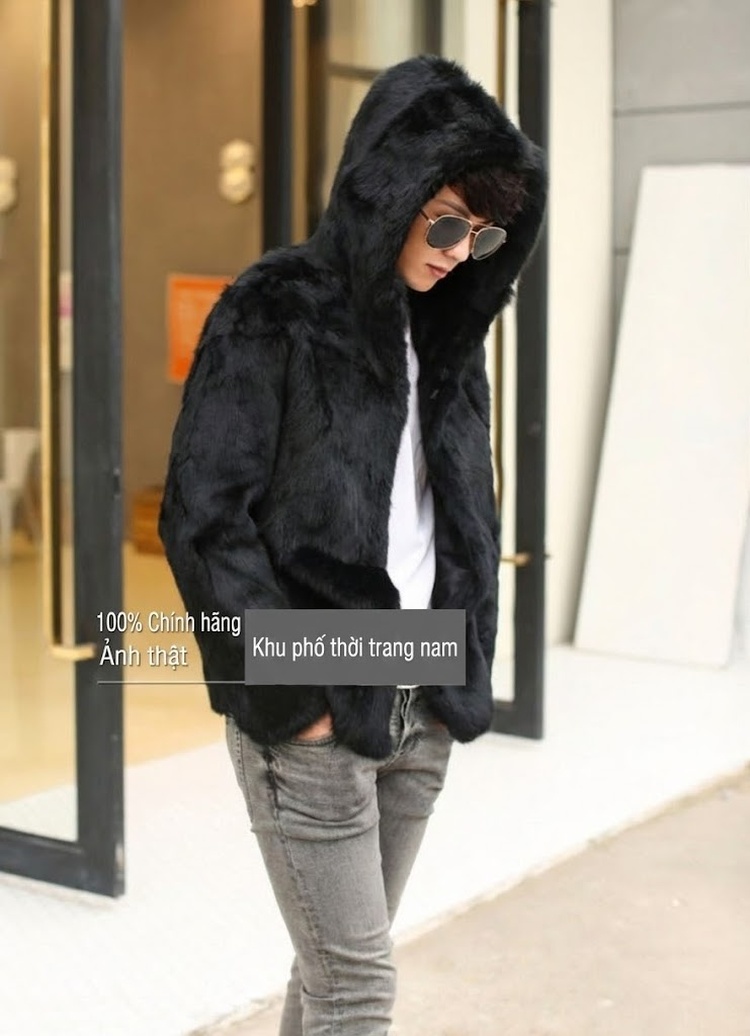 Áo Khoác Lông Nam Dáng Ôm Phong Cách Hàn Quốc Lông Thỏ Nhân Tạo Có Mũ Trùm Đầu Giữ Ấm Mùa Đông Màu Đen, Nâu