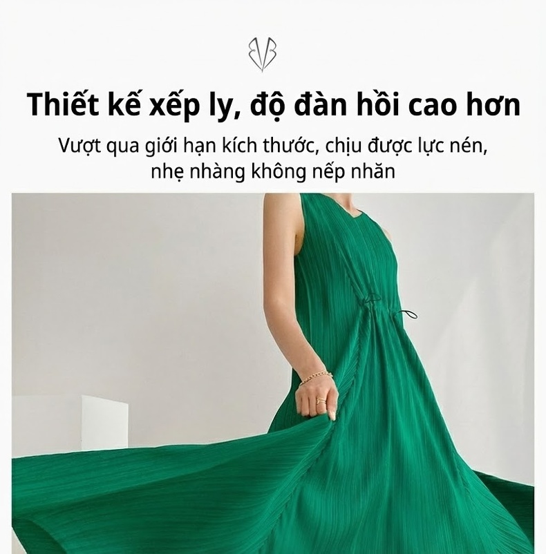 Váy liền thân Nữ Dáng Dài Xếp Ly Thiết Kế V Cổ Rộng Eo Dây Rút Phong Cách Ins Màu Đen, Xanh Lá, Xanh Dương, Hồng... chi tiết 1