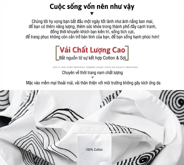 Áo Sơ Mi Nam Tay Dài Thêu Họa Tiết Hình Học Cotton Màu Trắng, Đen chi tiết 4
