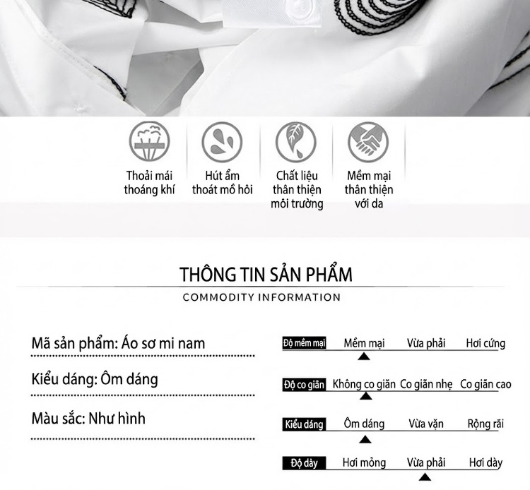 Áo Sơ Mi Nam Tay Dài Thêu Họa Tiết Hình Học Cotton Màu Trắng, Đen chi tiết 5