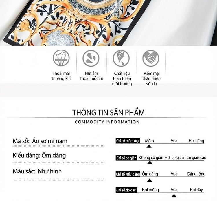 Áo Sơ Mi Nam Tay Dài Họa Tiết Cổ Điển Phong Cách Châu Âu Màu Trắng chi tiết 5