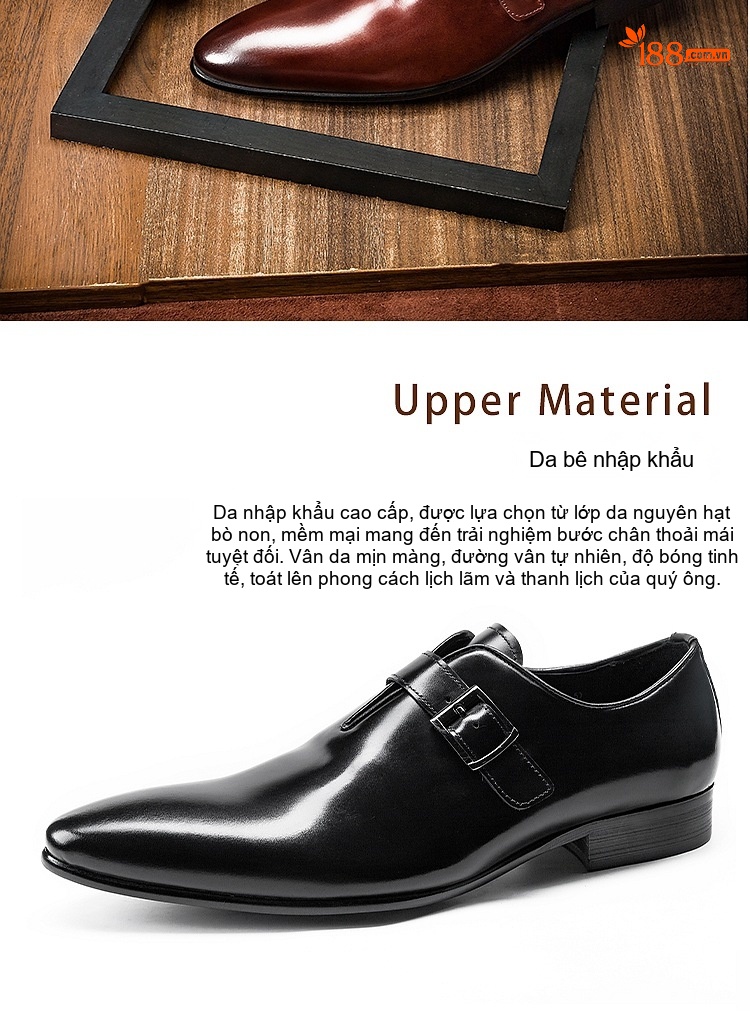 Giày Monkstrap Khóa Cài Nam Da Bò Mũi Nhọn Chiều Cao Đế Khoảng 2.5cm Màu Đen, Nâu Đỏ chi tiết 2