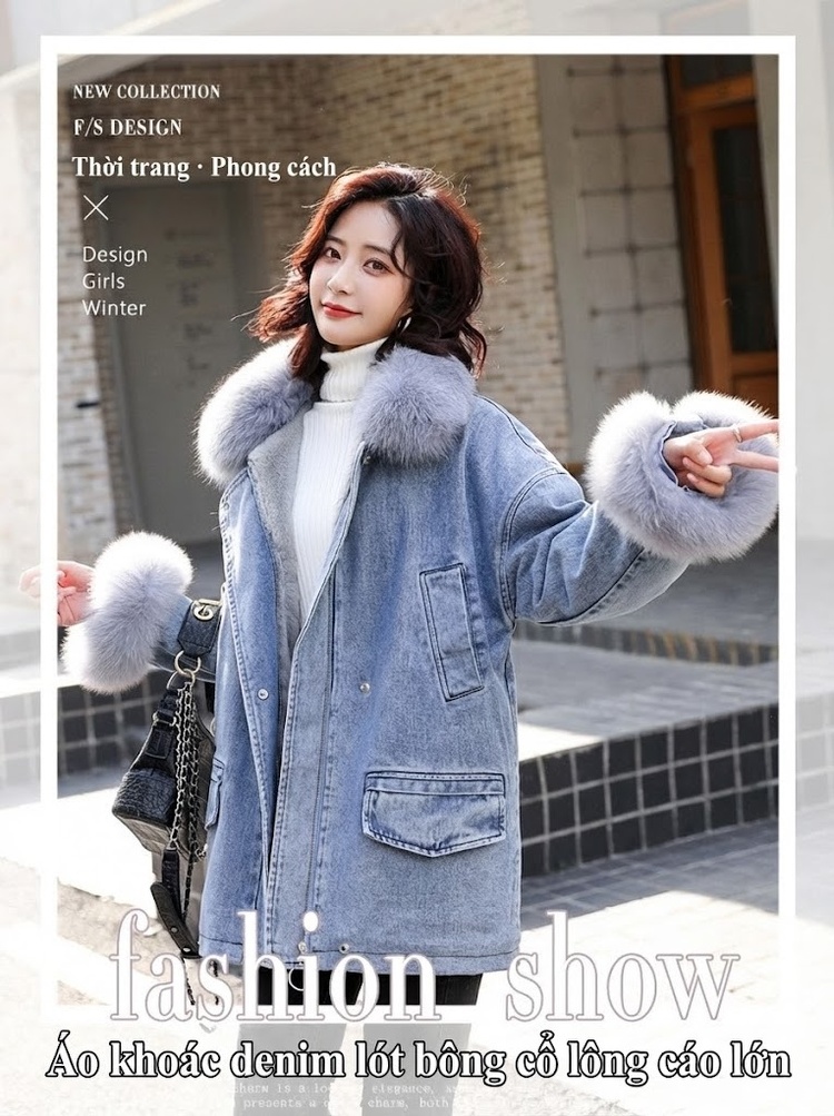 Áo Khoác Jean Nữ Lót Lông Dày Dặn Cổ Lông Thật Tay Cộc Màu Xanh Jean chi tiết 1