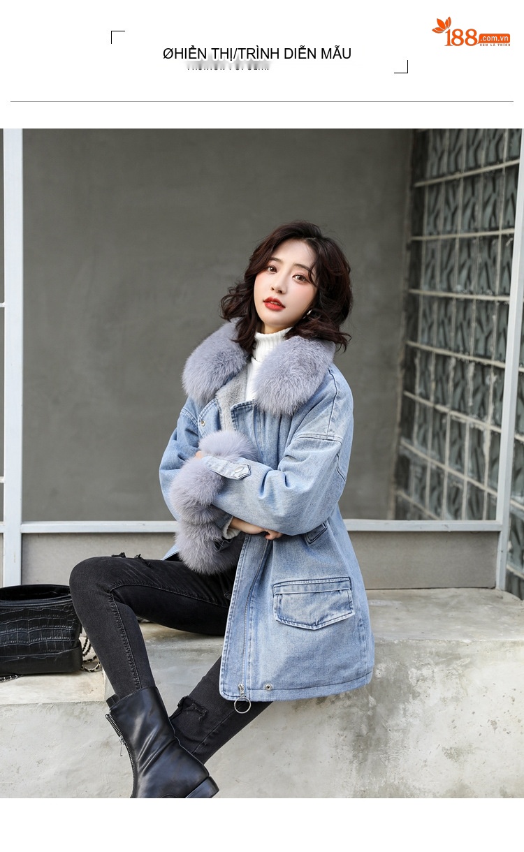 Áo Khoác Jean Nữ Lót Lông Dày Dặn Cổ Lông Thật Tay Cộc Màu Xanh Jean chi tiết 6