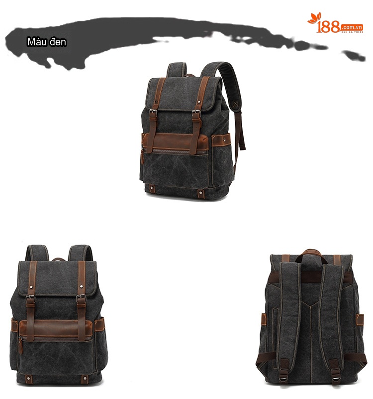 Balo Vải Canvas Chống Mòn Phong Cách Retro Du Lịch Đựng Laptop Màu Nâu, Xanh Lá, Xám, Đen... chi tiết 6
