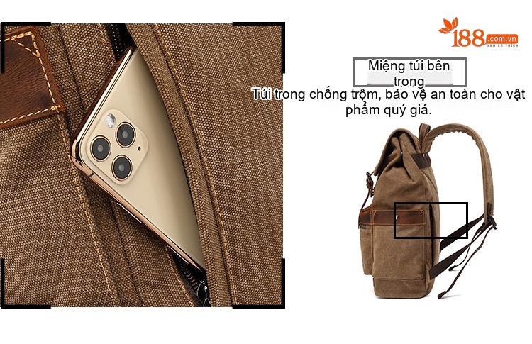 Balo Vải Canvas Chống Mòn Phong Cách Retro Du Lịch Đựng Laptop Màu Nâu, Xanh Lá, Xám, Đen... chi tiết 12