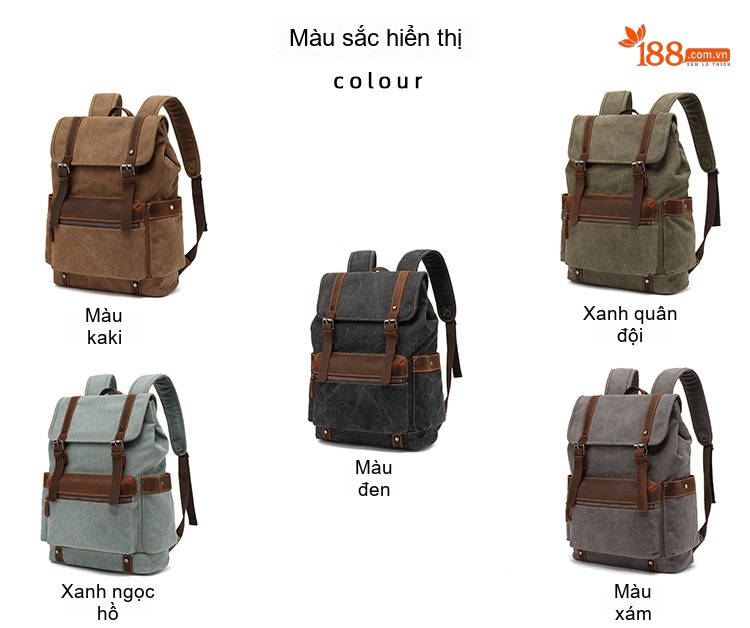 Balo Vải Canvas Chống Mòn Phong Cách Retro Du Lịch Đựng Laptop Màu Nâu, Xanh Lá, Xám, Đen... chi tiết 4