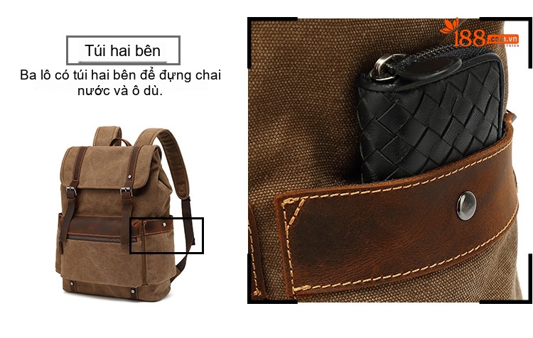 Balo Vải Canvas Chống Mòn Phong Cách Retro Du Lịch Đựng Laptop Màu Nâu, Xanh Lá, Xám, Đen... chi tiết 11