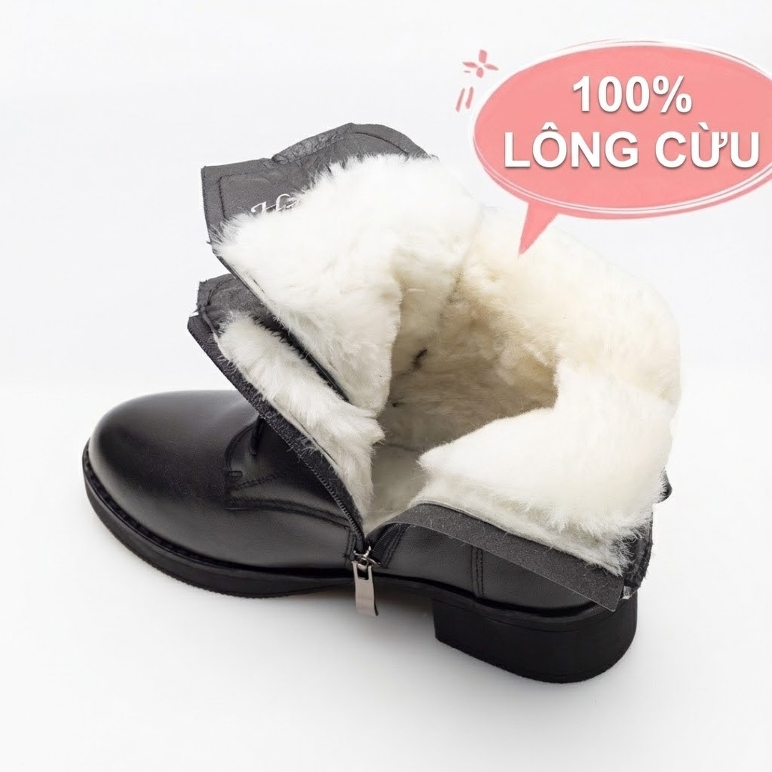 Boot Martin Nữ Da Thật Lót Lông Cừu Non Mềm Mại Chiều Cao Đế Khoảng 3cm Màu Đen
