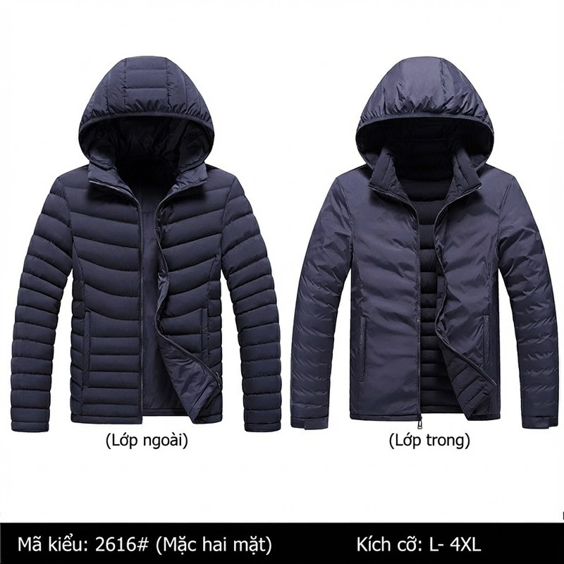 Áo Khoác Phao Nam Hai Mặt Mặc Mùa Đông Dáng Rộng Giữ Ấm Màu Xám, Kaki, Vàng, Xanh Lam... chi tiết 8
