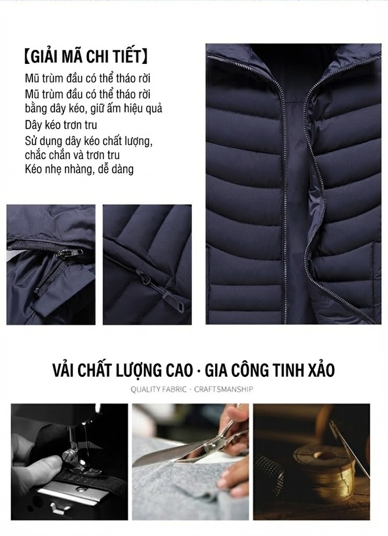 Áo Khoác Phao Nam Hai Mặt Mặc Mùa Đông Dáng Rộng Giữ Ấm Màu Xám, Kaki, Vàng, Xanh Lam... chi tiết 2