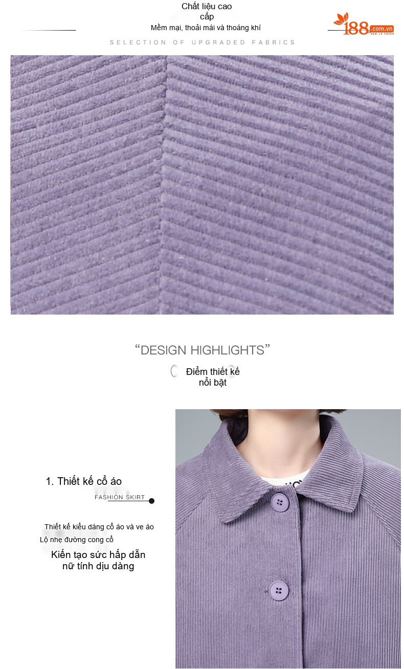 Áo Khoác Nữ Lót Bông Dáng Ngắn Vải Nhung Kẻ Cotton Dáng Rộng Phong Cách Trung Niên Màu Nâu, Xanh, Tím chi tiết 3