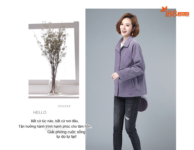 Áo Khoác Nữ Lót Bông Dáng Ngắn Vải Nhung Kẻ Cotton Dáng Rộng Phong Cách Trung Niên Màu Nâu, Xanh, Tím chi tiết 6