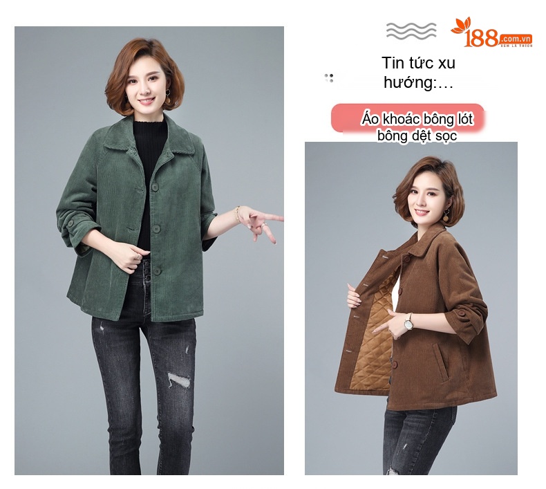 Áo Khoác Nữ Lót Bông Dáng Ngắn Vải Nhung Kẻ Cotton Dáng Rộng Phong Cách Trung Niên Màu Nâu, Xanh, Tím chi tiết 2