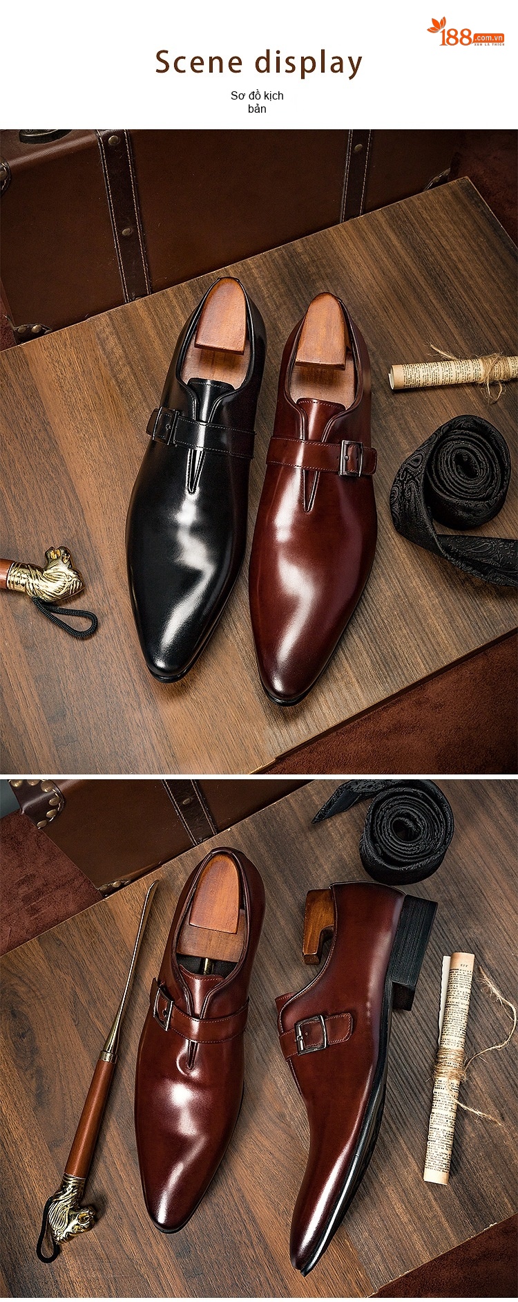 Giày Monkstrap Khóa Cài Nam Da Bò Mũi Nhọn Chiều Cao Đế Khoảng 2.5cm Màu Đen, Nâu Đỏ chi tiết 10
