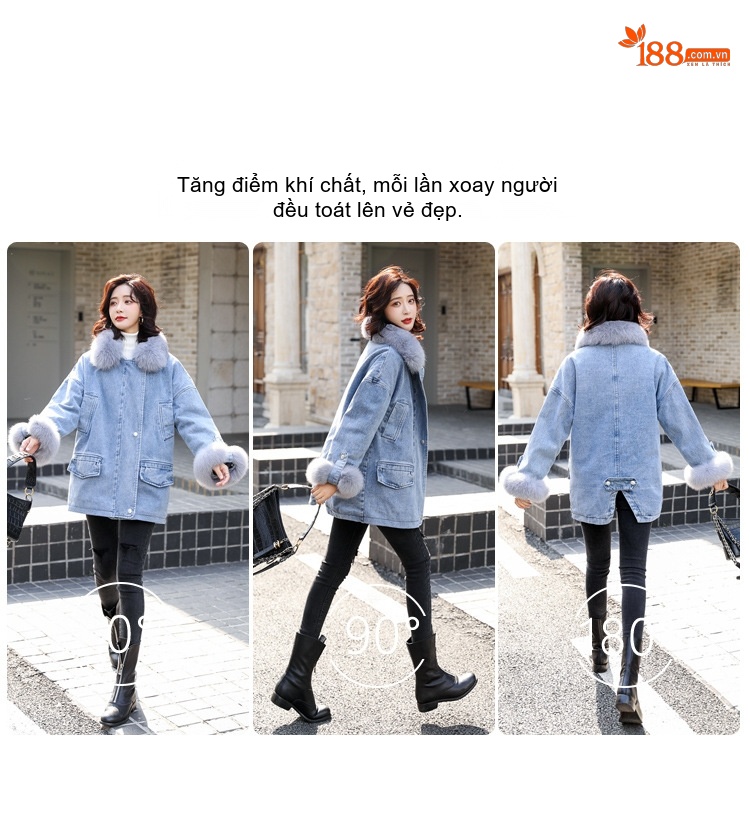Áo Khoác Jean Nữ Lót Lông Dày Dặn Cổ Lông Thật Tay Cộc Màu Xanh Jean chi tiết 3