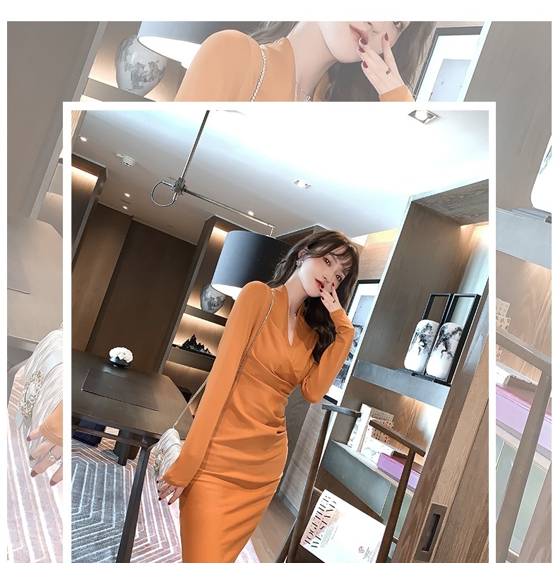 Váy Đầm Nữ Dài Tay Dáng Ôm, Chiết Ly, Che Bụng Màu Cam Đất chi tiết 1