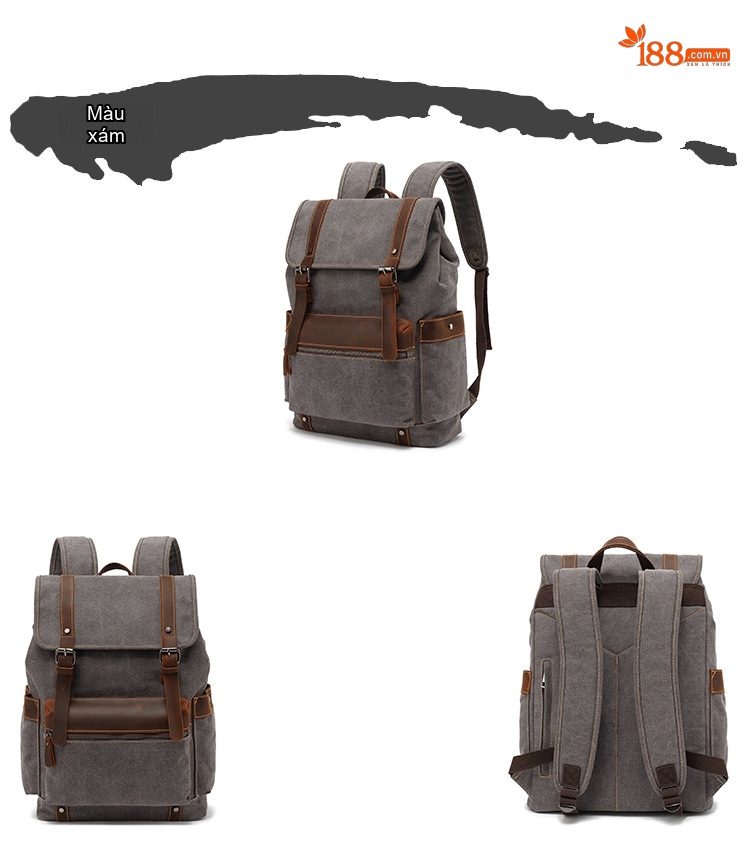 Balo Vải Canvas Chống Mòn Phong Cách Retro Du Lịch Đựng Laptop Màu Nâu, Xanh Lá, Xám, Đen... chi tiết 8