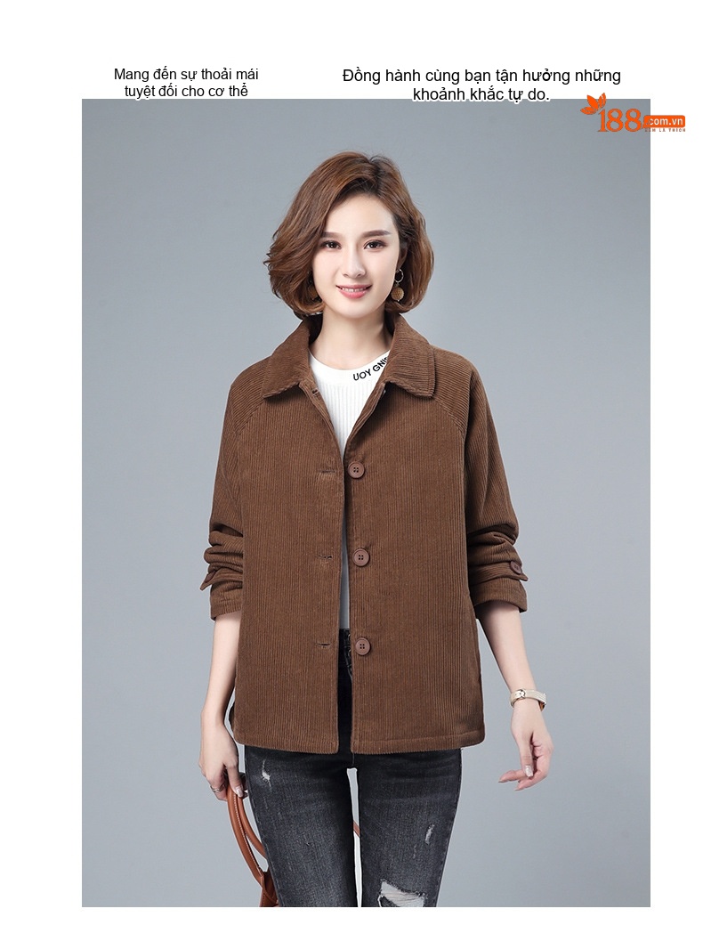 Áo Khoác Nữ Lót Bông Dáng Ngắn Vải Nhung Kẻ Cotton Dáng Rộng Phong Cách Trung Niên Màu Nâu, Xanh, Tím chi tiết 8