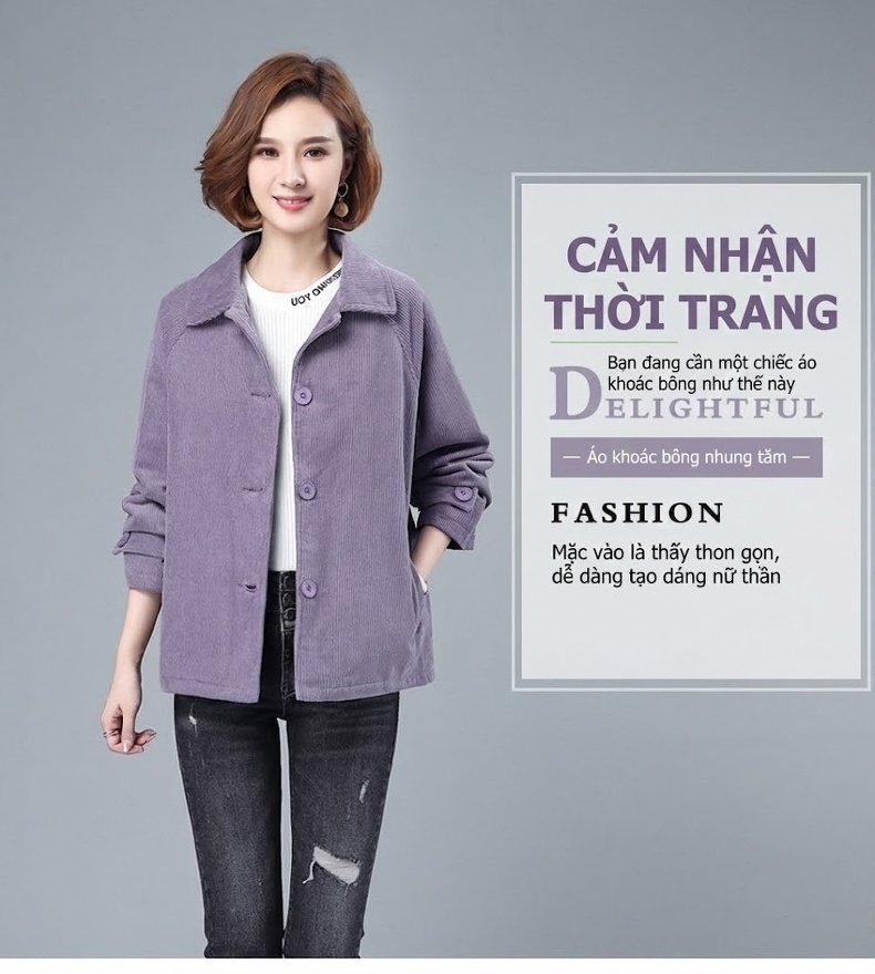 Áo Khoác Nữ Lót Bông Dáng Ngắn Vải Nhung Kẻ Cotton Dáng Rộng Phong Cách Trung Niên Màu Nâu, Xanh, Tím chi tiết 1