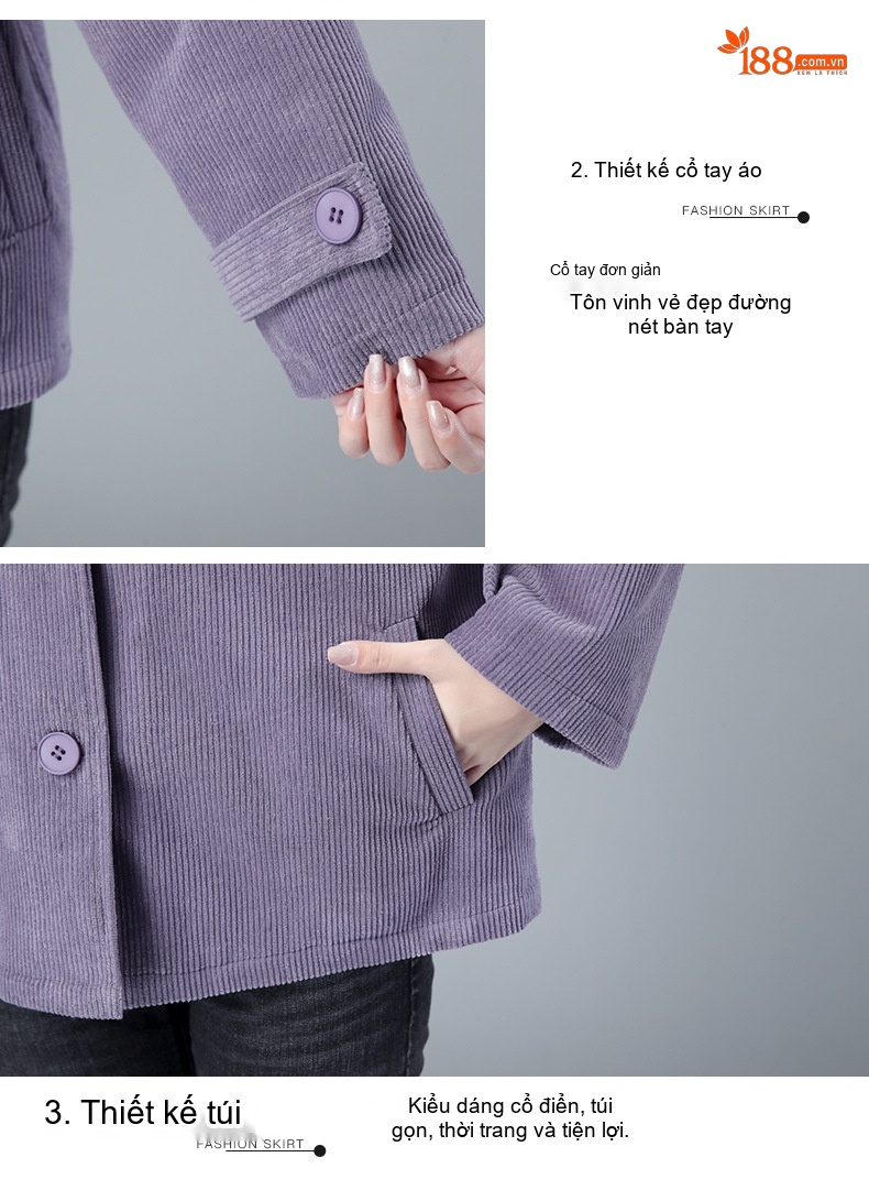 Áo Khoác Nữ Lót Bông Dáng Ngắn Vải Nhung Kẻ Cotton Dáng Rộng Phong Cách Trung Niên Màu Nâu, Xanh, Tím chi tiết 4