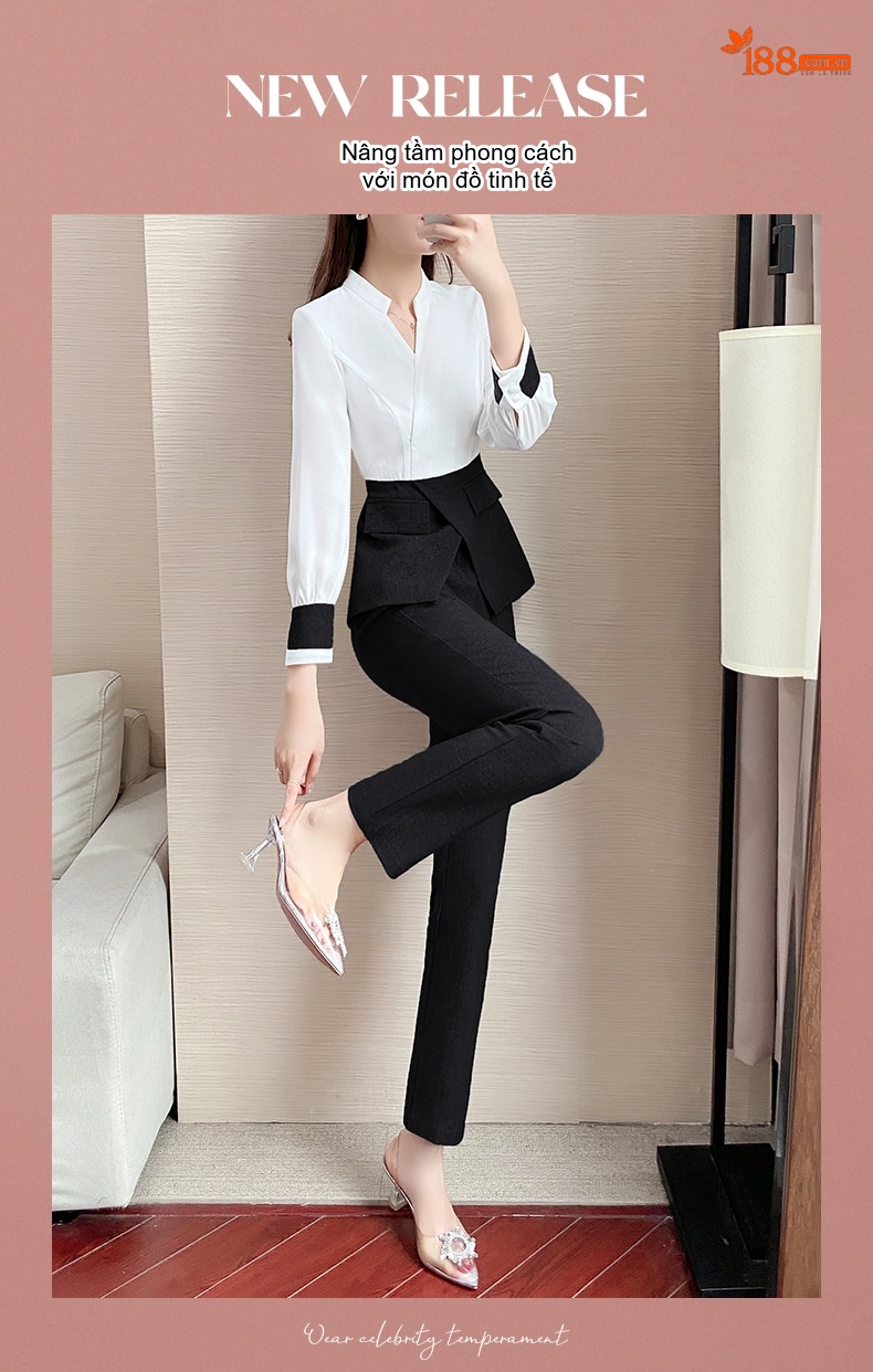 Bộ Quần Áo Công Sở Nữ Dáng Vest Thiết Kế Thanh Lịch Màu Trắng, Xám, Đen chi tiết 1