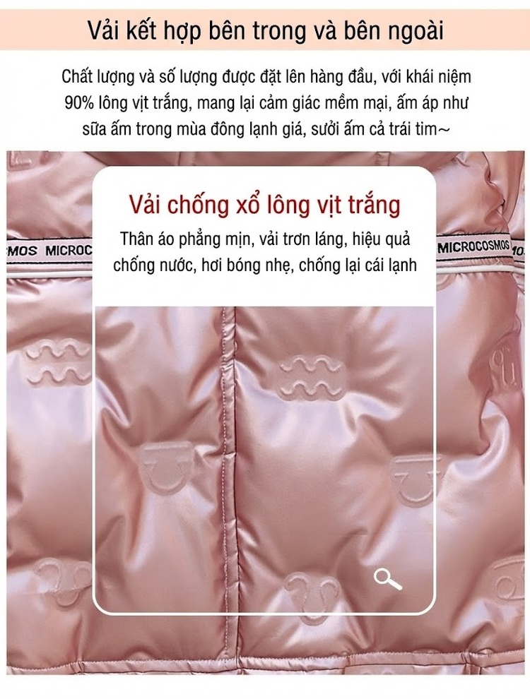 Áo Khoác Phao Nữ Da Bóng Dáng Ngắn Mũ Trùm Đầu Lót Lông Trắng Ấm Áp Màu Hồng chi tiết 9