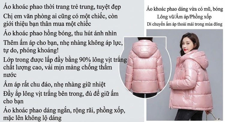 Áo Khoác Phao Nữ Da Bóng Dáng Ngắn Mũ Trùm Đầu Lót Lông Trắng Ấm Áp Màu Hồng chi tiết 2