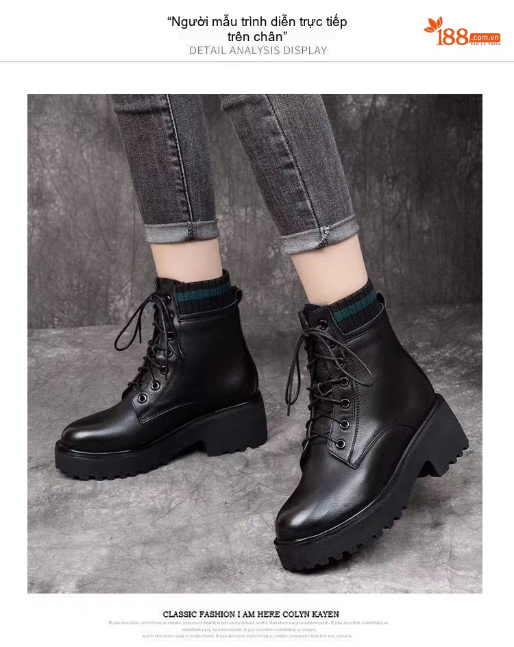 Boot Martin Nữ Da Thật Cổ Lỡ Chiều Cao Đế Khoảng 5cm Màu Đen chi tiết 16