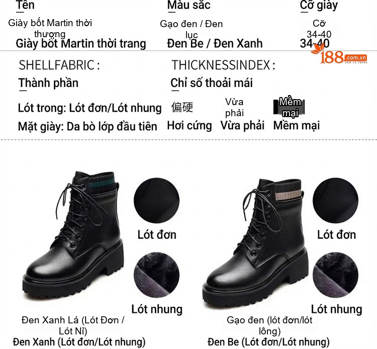 Boot Martin Nữ Da Thật Cổ Lỡ Chiều Cao Đế Khoảng 5cm Màu Đen chi tiết 4