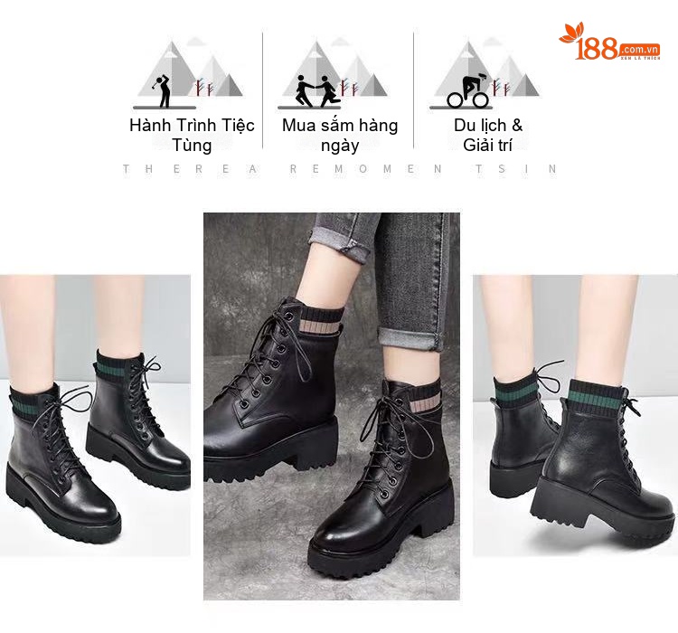 Boot Martin Nữ Da Thật Cổ Lỡ Chiều Cao Đế Khoảng 5cm Màu Đen chi tiết 3