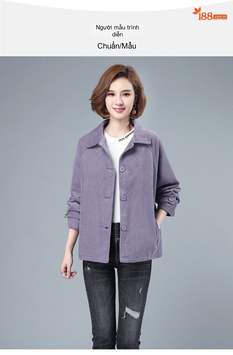 Áo Khoác Nữ Lót Bông Dáng Ngắn Vải Nhung Kẻ Cotton Dáng Rộng Phong Cách Trung Niên Màu Nâu, Xanh, Tím chi tiết 5