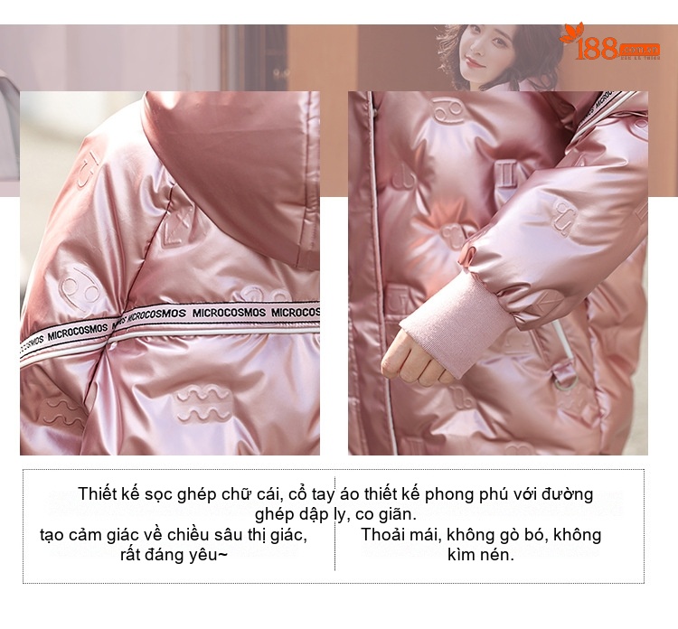 Áo Khoác Phao Nữ Da Bóng Dáng Ngắn Mũ Trùm Đầu Lót Lông Trắng Ấm Áp Màu Hồng chi tiết 6