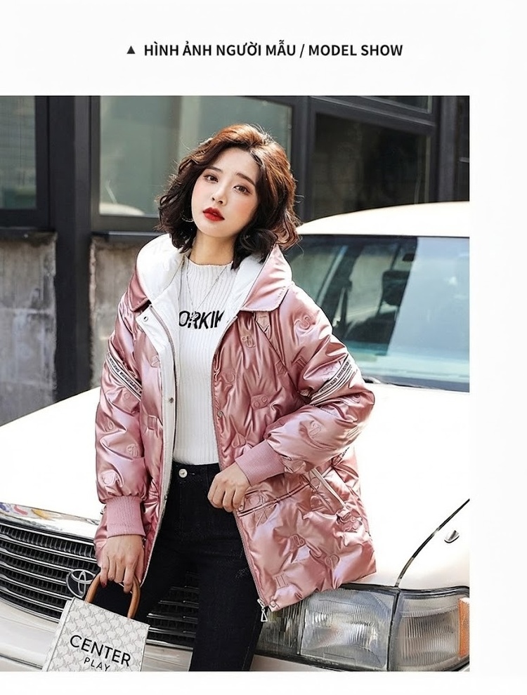 Áo Khoác Phao Nữ Da Bóng Dáng Ngắn Mũ Trùm Đầu Lót Lông Trắng Ấm Áp Màu Hồng chi tiết 13