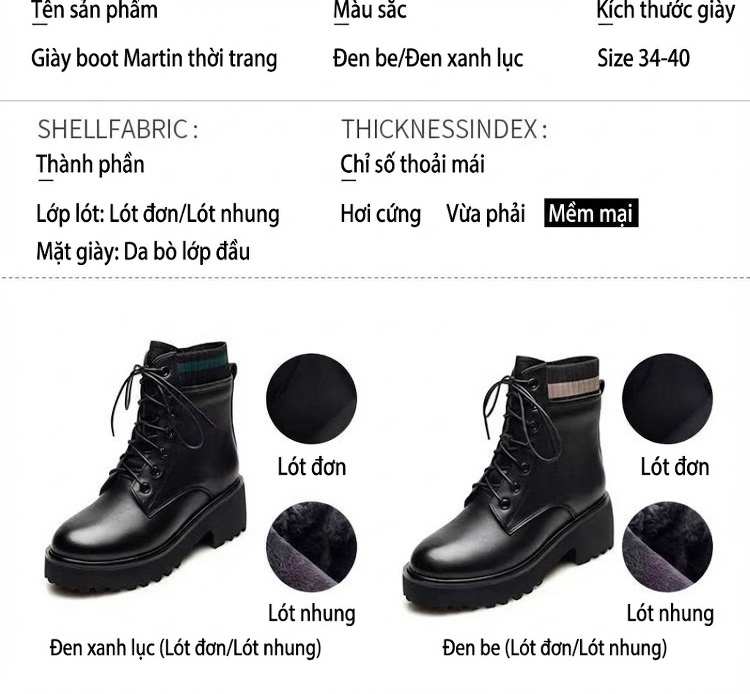 Boot Martin Nữ Da Thật Cổ Lỡ Chiều Cao Đế Khoảng 5cm Màu Đen chi tiết 15