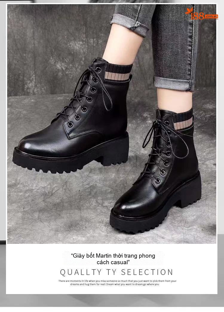 Boot Martin Nữ Da Thật Cổ Lỡ Chiều Cao Đế Khoảng 5cm Màu Đen chi tiết 12