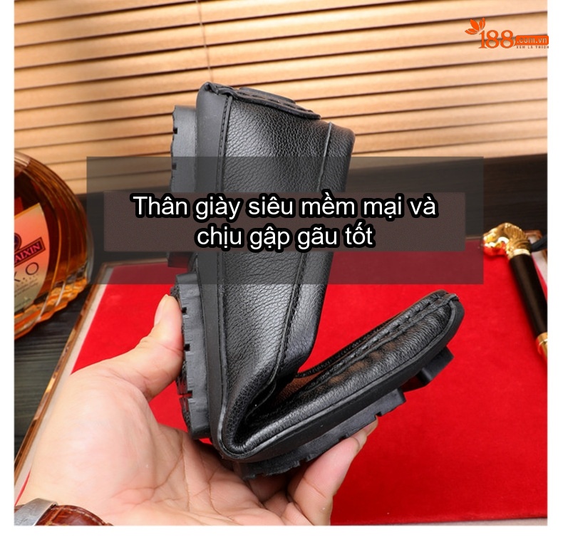Giày Lười Nam Da Bò Mềm Mại Chiều Cao Đế Khoảng 2cm Màu Đen, Trắng chi tiết 4