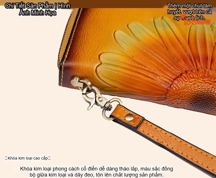 Ví Nữ Da Thật Khắc Hoa Thủ Công, Ví Dài Cầm Tay Khóa Kéo Đựng Điện Thoại Màu Vàng, Đỏ, Nâu chi tiết 18