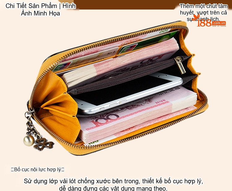 Ví Nữ Da Thật Khắc Hoa Thủ Công, Ví Dài Cầm Tay Khóa Kéo Đựng Điện Thoại Màu Vàng, Đỏ, Nâu chi tiết 19