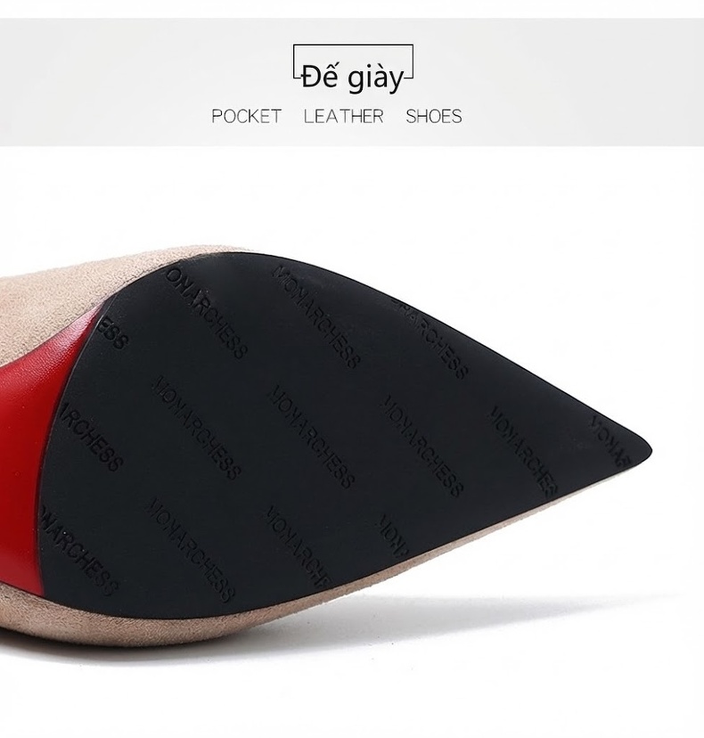 Giày Cao Gót Nữ Mũi Nhọn Nỉ Chiều Cao Đế Khoảng 7cm Màu Đen, Kem chi tiết 7