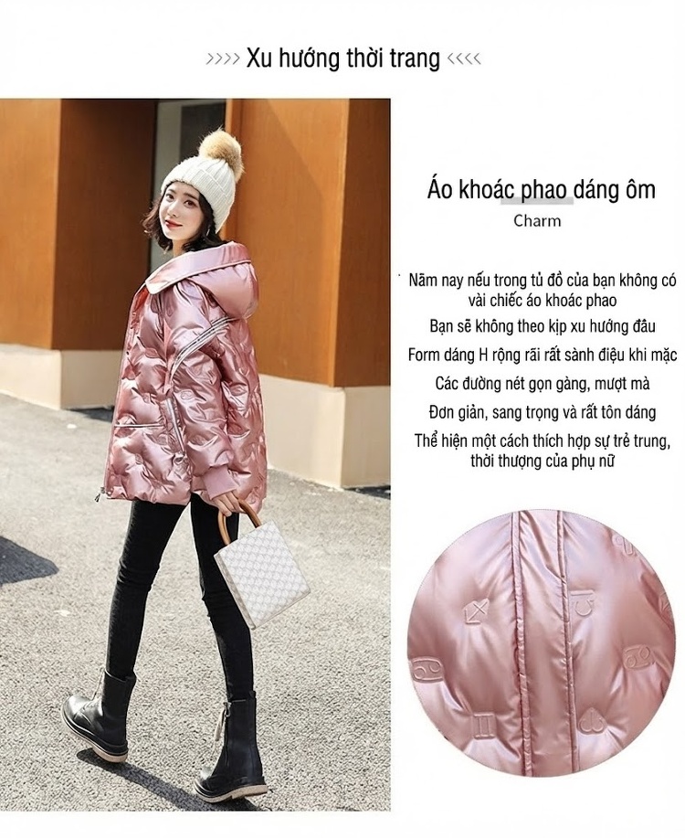 Áo Khoác Phao Nữ Da Bóng Dáng Ngắn Mũ Trùm Đầu Lót Lông Trắng Ấm Áp Màu Hồng chi tiết 3