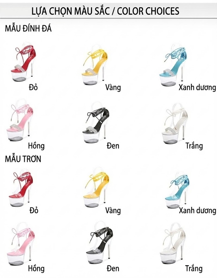 Giày Sandal Cao Gót Nữ Quai Dây Buộc Da Bóng Gót Cao 17cm Màu Đen, Đỏ, Hồng, Trắng... chi tiết 3