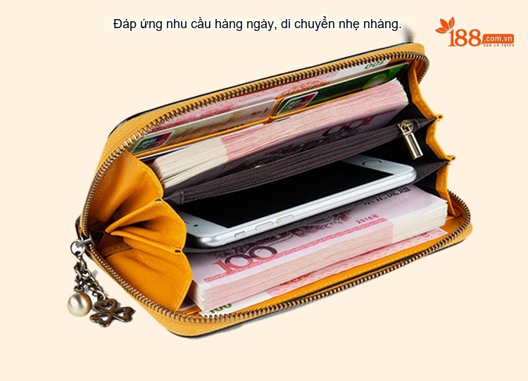 Ví Nữ Da Thật Khắc Hoa Thủ Công, Ví Dài Cầm Tay Khóa Kéo Đựng Điện Thoại Màu Vàng, Đỏ, Nâu chi tiết 13