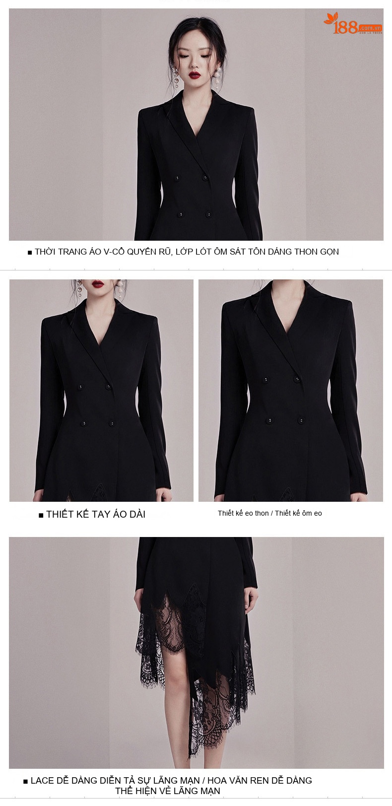 Váy Blazer Nữ Dáng Dài Tay Dài Phối Ren Màu Đen chi tiết 4